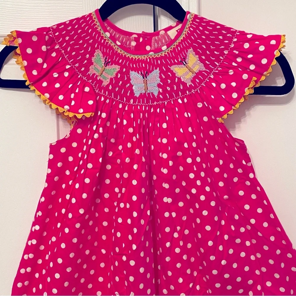Mom & Me Girls Pink White Polka Dot Smoked Cotton Dress Sz 7